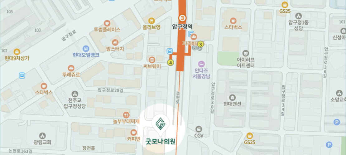 굿모나의원 위치: 압구정역 4번 출구에서 논현로를 따라 남쪽